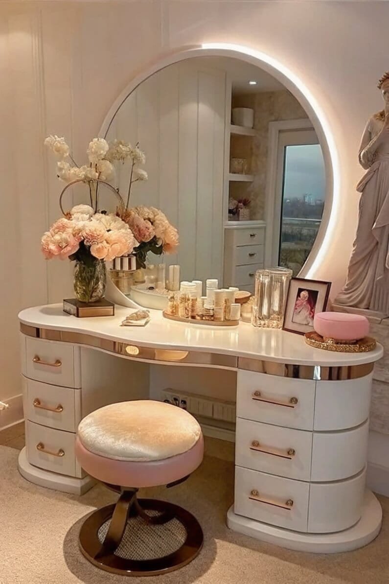 Elegant vanity design with chic colors and floral touches