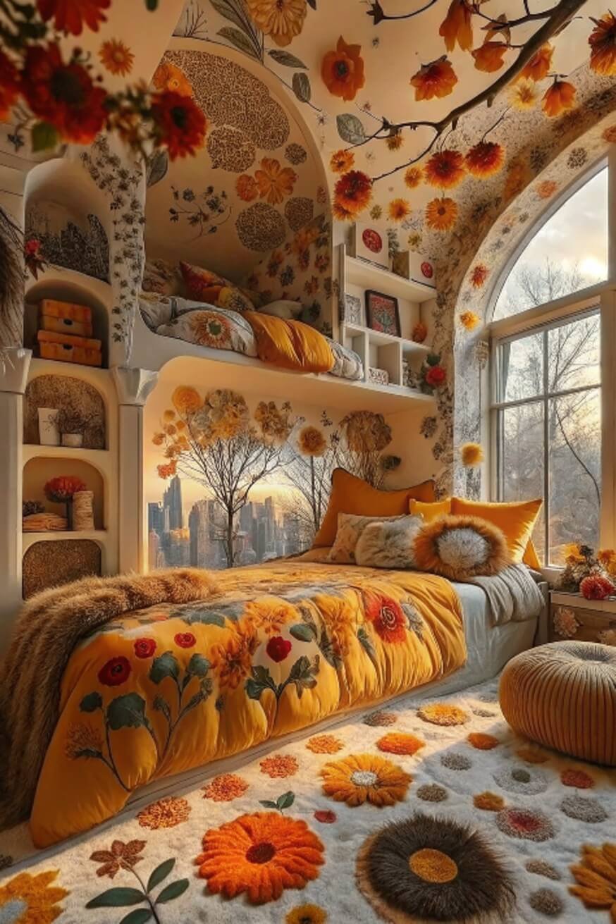 Floral wallpaper creates a whimsical garden retreat atmosphere