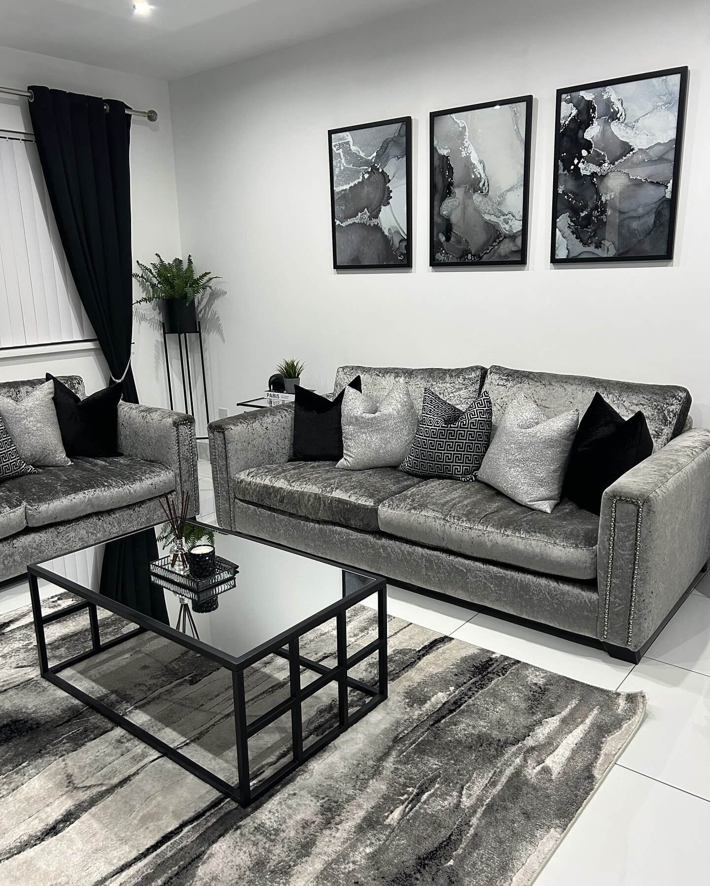 Chic living room design with grey sofas and elegant accents