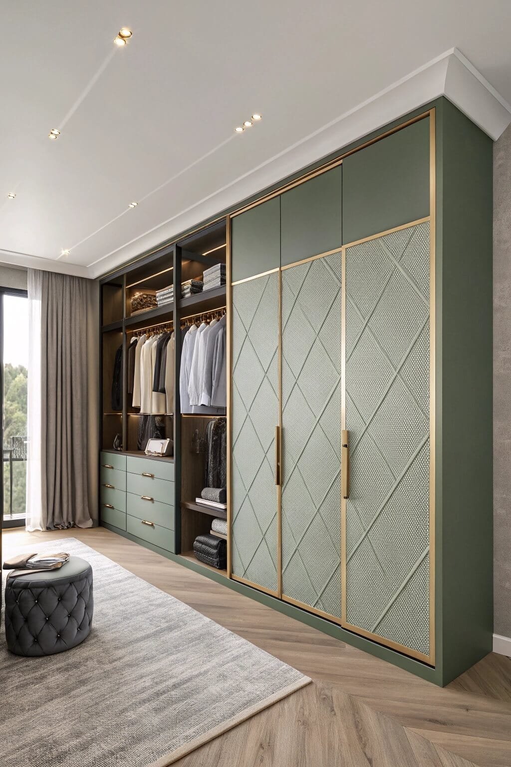 Stylish green wardrobe enhances storage and elegance