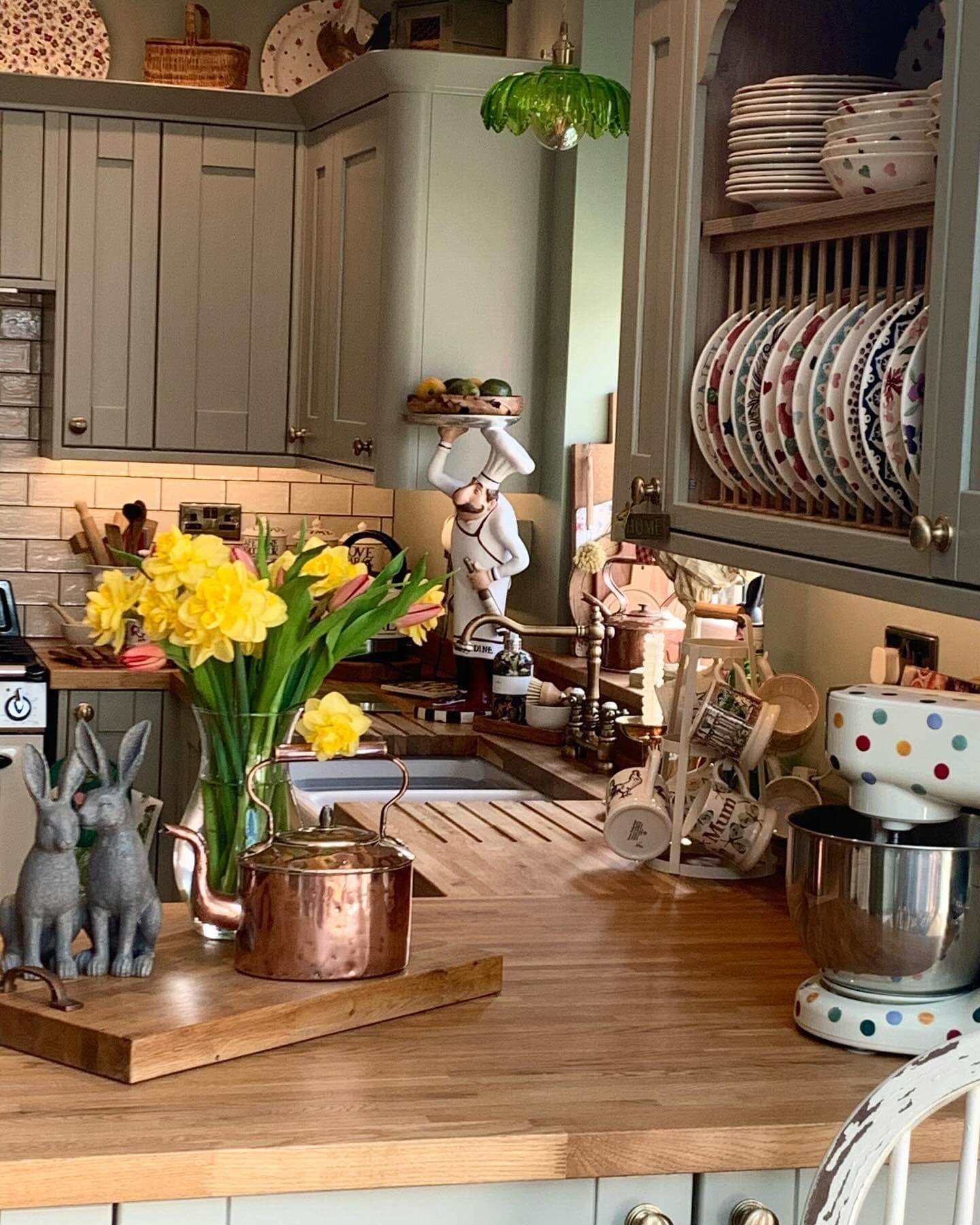 Whimsical Country Kitchen Countertop with Yellow Daffodils