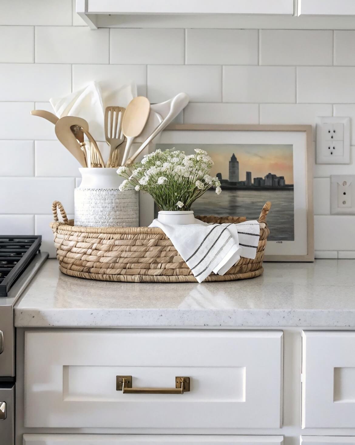 Elegant Kitchen Counter Styling with Woven Basket
